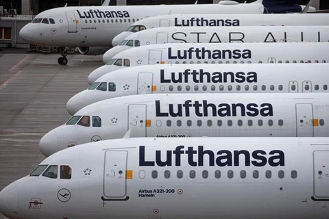 Các máy bay của hãng hàng không Lufthansa đỗ tại sân bay Frankfurt (Đức) trong bối cảnh diễn ra đình công, ngày 17/2/2023. (Ảnh: AFP/TTXVN)
