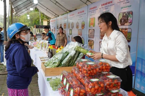 Chợ phiên nông sản an toàn với chủ đề Sản phẩm nông nghiệp tiêu biểu và sản phẩm OCOP do Hội Nông dân tỉnh Bắc Ninh tổ chức, ngày 19/4/2023. (Ảnh: Thanh Thương/TTXVN)