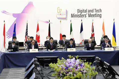 Quang cảnh Hội nghị các Bộ trưởng Công nghệ và kỹ thuật số Nhóm các nước công nghiệp phát triển hàng đầu thế giới (G7) tại Takasaki, tỉnh Gunma (Nhật Bản) ngày 29/4/2023. (Ảnh: Kyodo/TTXVN)