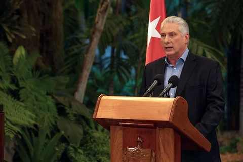 Chủ tịch Cuba Miguel Díaz-Canel phát biểu tại một cuộc họp ở La Habana (Cuba). (Ảnh: AFP/TTXVN)