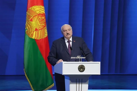 Tổng thống Belarus Alexander Lukashenko phát biểu tại Minsk (Belarus). (Ảnh: AFP/TTXVN)