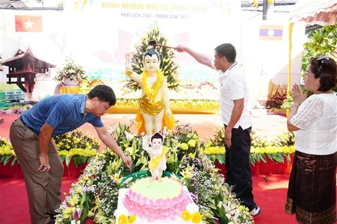 Các chư tôn giáo phẩm Việt Nam, Lào cùng bà con Phật tử và người Việt tại thủ đô Vientiane thực hiện nghi lễ tắm Phật. (Ảnh: Đỗ Bá Thành/TTXVN)