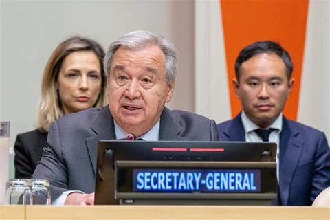 Tổng thư ký Liên hợp quốc Antonio Guterres phát biểu tại hội nghị ở New York (Mỹ) về chủ đề phòng chống khủng bố ngày 19/6/2023. (Ảnh: THX/TTXVN)