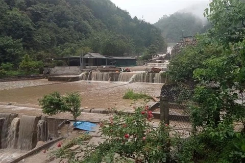 Lũ lớn tràn qua khu vực nuôi cá của một gia đình ở bản Chu Va 12, xã Sơn Bình, huyện Tam Đường (Lai Châu) sau trận mưa lớn kéo dài từ đêm 12/6 đến sáng 13/6 vừa qua. (Ảnh: TTXVN phát)