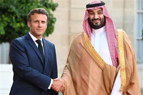 Tại cuộc hội đàm giữa Tổng thống Pháp Emmanuel Macron và Thái tử Saudi Arabia Mohammed bin Salman tại Paris ngày 29/7/2022, hai bên đã nhất trí thúc đẩy hợp tác trong lĩnh vực năng lượng tái tạo. (Ảnh: AFP/TTXVN)