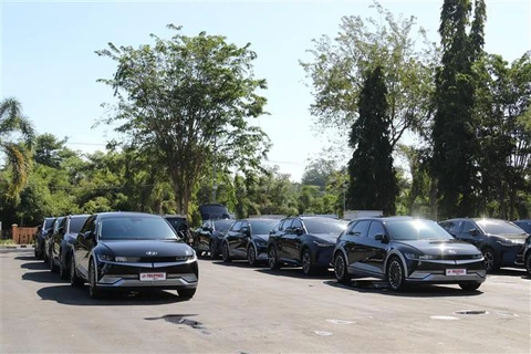 Hơn 100 chiếc ôtô điện được dùng làm phương tiện chuyên chở chính thức cho các phái đoàn tháp tùng tại Hội nghị Cấp cao ASEAN 42 tại Indonesia, hồi tháng Năm vừa qua. (Ảnh: Đào Trang/TTXVN)