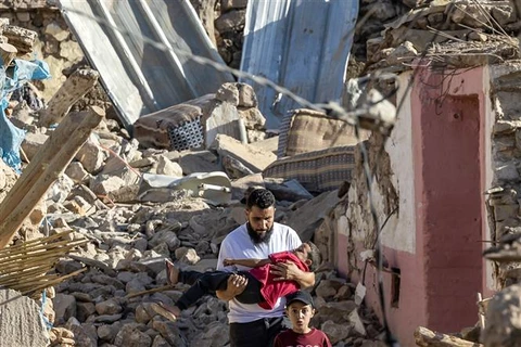 Cảnh đổ nát sau trận động đất ở Marrakesh (Maroc), ngày 9/9/2023. (Ảnh: AFP/TTXVN)