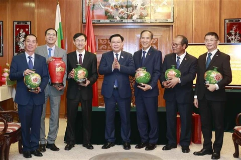 Chủ tịch Quốc hội Vương Đình Huệ tặng quà lưu niệm cho các Đại sứ Việt Nam tại Bulgaria, Séc, Romania, Slovakia, Hy Lạp và Thổ Nhĩ Kỳ. (Ảnh: Doãn Tấn/TTXVN)