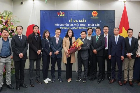 Đại biểu tham gia Lễ Ra mắt Hội Chuyên gia Việt Nam-Nhật Bản chụp ảnh lưu niệm. (Ảnh: Xuân Giao/TTXVN)
