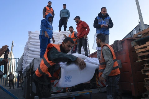 Nhân viên UNRWA phát hàng cứu trợ cho người dân Palestine tại Dải Gaza ngày 21/11/2023. (Ảnh: AFP/TTXVN)