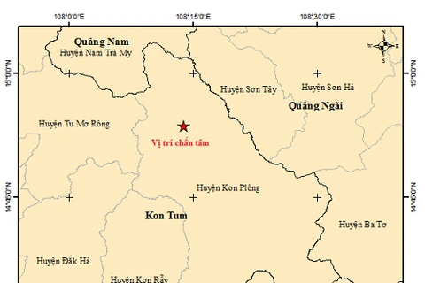 Bản đồ tâm chấn trận động đất số 4 xảy ra tại khu vực huyện Kon Plong (tỉnh Kon Tum) lúc 11 giờ 38 phút 04 giây (giờ Hà Nội). (Nguồn: Viện Vật lý Địa cầu)
