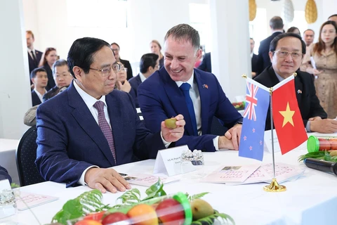 Thủ tướng Phạm Minh Chính với sản phẩm của Viện Nghiên cứu Cây trồng và Thực phẩm New Zealand. (Ảnh: Dương Giang/TTXVN)