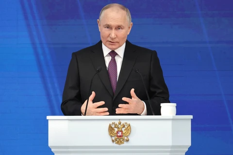 Ông Putin trình bày Thông điệp Liên bang trước Quốc hội, ngày 29/2/2024. (Ảnh: AFP/TTXVN)