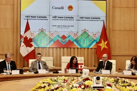 Đoàn Canada tham dự Kỳ họp thứ hai Ủy ban Hỗn hợp Việt Nam-Canada, tại Hà Nội chiều 27/3/2024. (Ảnh: Trần Việt/TTXVN)