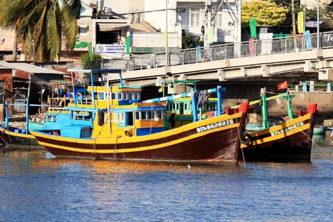 Tàu của ngư dân Bình Thuận neo đậu trên sông Cà Ty. (Ảnh: Hồng Đạt/TTXVN)