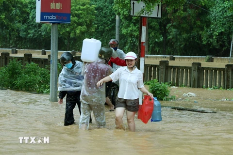 Người dân Lào Cai vượt lũ để có được nước từ khe núi mang về gia đình sử dụng. (Ảnh: Quốc Khánh/TTXVN)