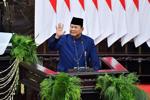 Tổng thống Prabowo Subianto phát biểu tại lễ nhậm chức ngày 20/10. (Ảnh: TTXVN phát)