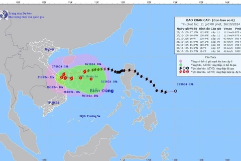 Hướng di chuyển của bão số 6 lúc 10h, ngày 26/10. (Ảnh: TTXVN phát)