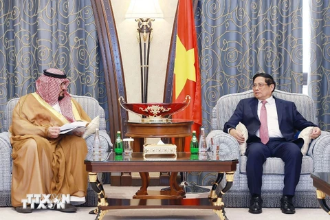 Thủ tướng Phạm Minh Chính tiếp Bộ trưởng Kinh tế và Kế hoạch Saudi Arabia Faisal Al-Ibrahim. (Ảnh: Dương Giang/TTXVN)