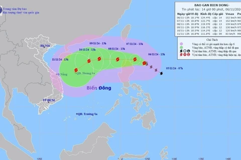 Đường đi của bão Yinxing lúc 13h ngày 6/11/2024. (Ảnh: TTXVN phát)