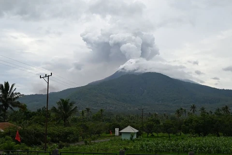 Tro bụi phun lên từ miệng núi lửa Lewotobi Laki-Laki, nhìn từ làng Pulolera ở huyện Flores Timur, Đông Nusa Tenggara (Indonesia). (Ảnh: THX/TTXVN)