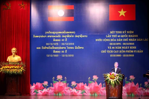 Ông Thongsavanh Phomvihane - Đại sứ Đặc mệnh toàn quyền Cộng hòa Dân chủ nhân dân Lào tại Việt Nam cảm ơn sự ủng hộ quý báu, chí nghĩa chí tình và kịp thời của Đảng, Nhà nước và nhân dân Việt Nam anh em. (Ảnh: Doãn Đức/Vietnam+)