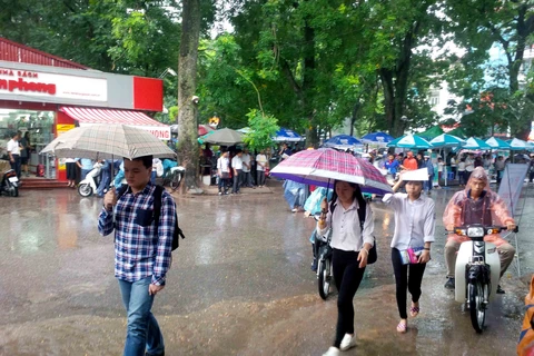 Trời mưa rất to nên các thí sinh cũng gặp phải một số khó khăn khi tới các cụm dự thi, dù đã đến giờ vào phòng làm thủ tục nhưng vẫn còn khá đông các thí sinh tới. (Ảnh: Doãn Đức/Vietnam+)