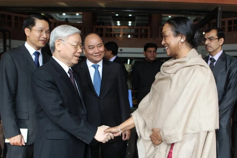 Tổng Bí thư Nguyễn Phú Trọng hội kiến với Chủ tịch Hạ viện Ấn Độ Meira Kumar. (Ảnh: Trí Dũng/TTXVN)