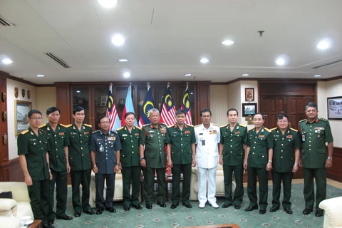 Tư lệnh Quốc phòng Malaysia Zulkefli Mohd Zin (người đứng thứ sáu từ bên trái) và đoàn Học viện Hậu cần Việt Nam. (Ảnh: Kim Dung/Vietnam+)