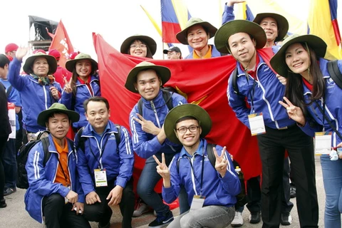 Đoàn đại biểu thanh niên Việt Nam tại khai mạc Liên hoan Thanh niên Sinh viên Thế giới. (Ảnh: San Hải/TTXVN)