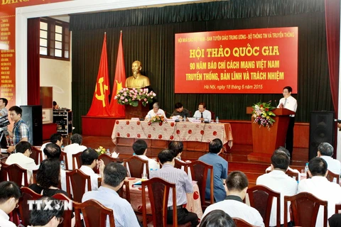 Quang cảnh Hội thảo Quốc gia 90 năm báo chí Cách mạng Việt Nam-Truyền thống, bản lĩnh và trách nhiệm. (Ảnh: Minh Quyết/TTXVN)