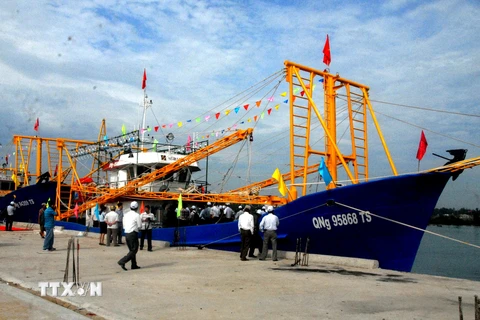 2 tàu vỏ thép đầu tiên được bàn giao cho ngư dân Quảng Ngãi hồi tháng 5. (Ảnh: Sỹ Thắng/TTXVN)