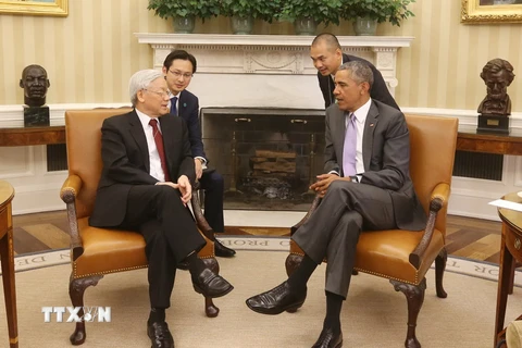 Tổng Bí thư Nguyễn Phú Trọng hội đàm với Tổng thống Hoa Kỳ Barack Obama. (Ảnh: Trí Dũng/TTXVN)