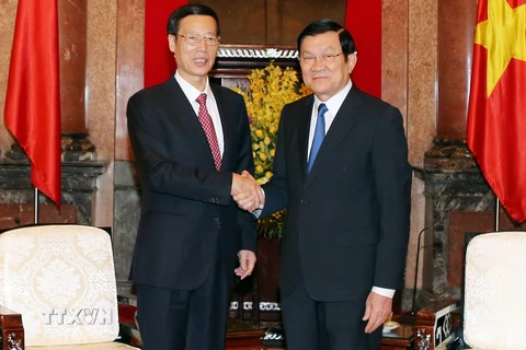 Chủ tịch nước Trương Tấn Sang tiếp ông Trương Cao Lệ, Ủy viên Thường vụ Bộ Chính trị, Phó Thủ tướng Quốc vụ viện Trung Quốc. (Ảnh: Nguyễn Khang/TTXVN)