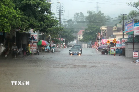 Mưa lớn gây lụt một số tuyến đường tại thành phố Hạ Long, Quảng Ninh. (Ảnh: Văn Đức/TTXVN)