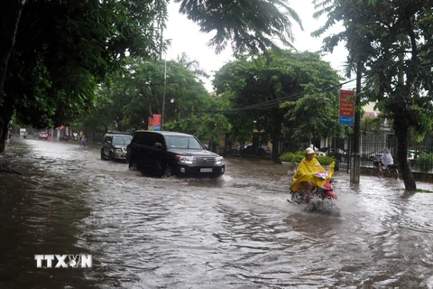 Đường Mạc Thị Bưởi, thành phố Nam Định ngập sâu khoảng 50cm gây khó khăn cho người tham gia giao thông. (Ảnh: Văn Đạt/TTXVN)