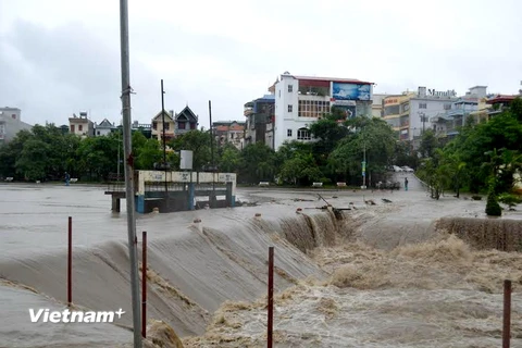 Nước lớn kéo theo đất đá từ bãi thải Đông Cao Sơn dồn xuống đập 790, bùn thải tràn vào 40 hộ dân ở Mông Dương, ngày 29/7. (Ảnh: Minh Quyết/TTXVN)