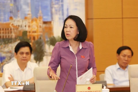 Chủ nhiệm Ủy ban về các Vấn đề xã hội của Quốc hội Trương Thị Mai phát biểu ý kiến. (Ảnh: Phương Hoa/TTXVN)