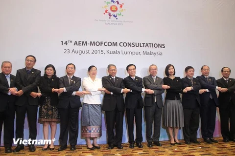 Các Bộ trưởng kinh tế ASEAN, Trung Quốc và Tổng thư ký ASEAN tại Hội nghị tham vấn AEM-MOFCOM lần thứ 14. (Ảnh: Dung-Giáp/Vietnam+)
