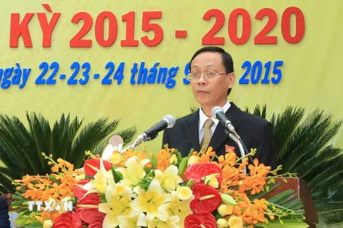 Bí thư Tỉnh ủy Ninh Thuận nhiệm kỳ 2015-2020, Nguyễn Đức Thanh phát biểu tại Đại hội Đảng bộ tỉnh. (Ảnh: Đức Ánh/TTXVN)