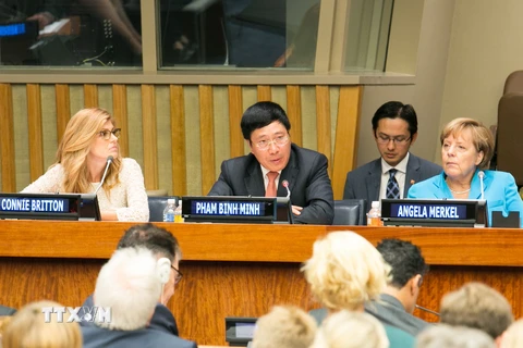 Phó Thủ tướng Phạm Bình Minh phát biểu Phiên thảo luận cấp cao “Từ Đối thoại toàn cầu đến Hành động toàn cầu – Thực hiện các Mục tiêu Phát triển bền vững.” (Ảnh: Lê Dương/TTXVN)