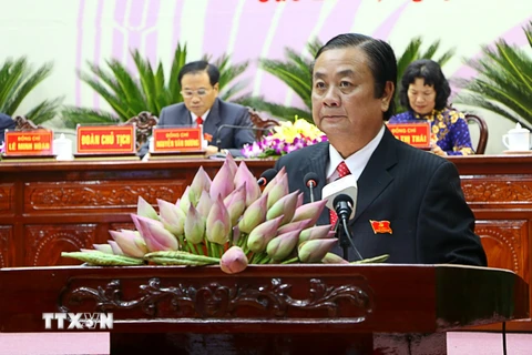 Ông Lê Minh Hoan, Bí thư Tỉnh ủy Đồng Tháp khóa X phát biểu tại phiên bế mạc Đại hội. (Ảnh: Văn Trí/TTXVN)