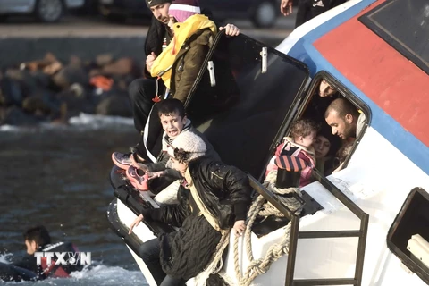 Lực lượng cứu hộ hỗ trợ người di cư rời khỏi chiếc tàu bị chìm ngoài khơi đảo Lesbos sau hành trình vượt biển Aegean từ Thổ Nhĩ Kỳ ngày 30/10. (Nguồn: AFP/TTXVN)