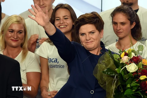 Thủ lĩnh đảng PiS Beata Szydlo (phải, hàng trên) mừng chiến thắng tại Warsaw ngày 25/10, sau khi kết quả bầu cử sơ bộ được công bố. (Nguồn: AFP/TTXVN)