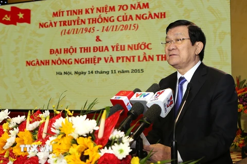 Chủ tịch nước Trương Tấn Sang phát biểu tại lễ kỷ niệm. (Ảnh: Nguyễn Khang/TTXVN) 
