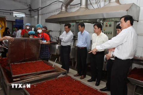 Đoàn Thanh tra liên ngành thành phố kiểm tra một cơ sở chế biến sản xuất khô bò tại quận Bình Tân, Thành phố Hồ Chí Minh. (Ảnh: Phương Vy/TTXVN)