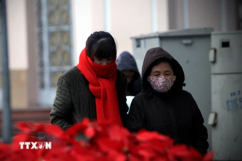 Người dân phải choàng áo và khăn ấm khi ra phố ở Hà Nội. (Ảnh: Trọng Đạt/TTXVN)
