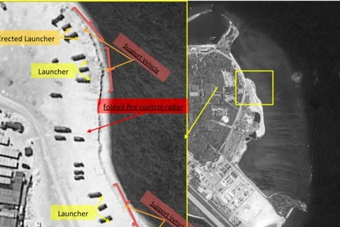Hình ảnh chụp từ vệ tinh hôm 14/2 cho thấy các hệ thống tên lửa đất đối không được Trung Quốc triển khai trái phép trên bãi biển đảo Phú Lâm (Việt Nam). (Nguồn: ImageSat International)