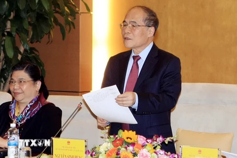 Chủ tịch Quốc hội, Chủ tịch Hội đồng Bầu cử Quốc gia Nguyễn Sinh Hùng phát biểu. (Ảnh: Phạm Kiên/TTXVN)