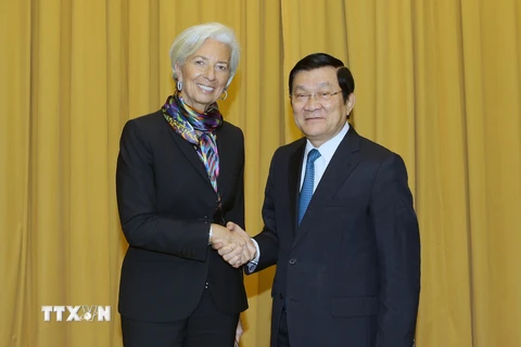Chủ tịch nước Trương Tấn Sang tiếp bà Christine Lagarde, Tổng giám đốc Quỹ Tiền tệ Quốc tế (IMF) sang thăm và làm việc tại Việt Nam. (Ảnh: Nguyễn Khang/TTXVN)
